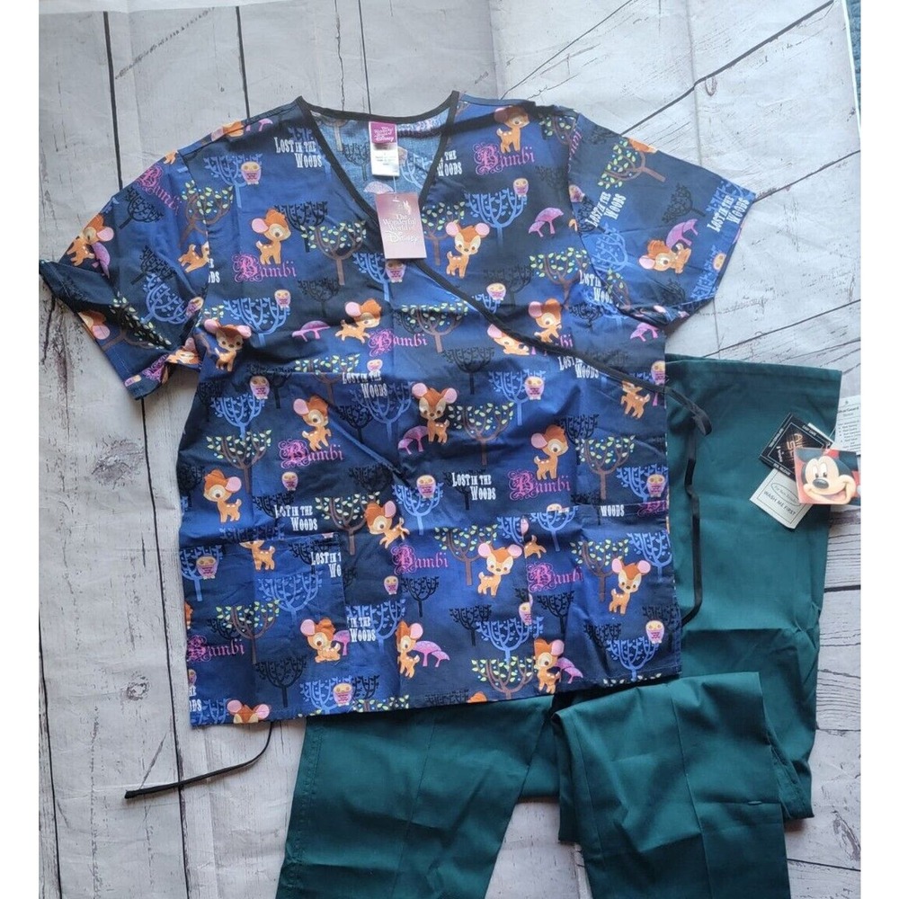 Official Disney BAMBI Medical/VET SCRUB TOP Pants LARGE New With Tags